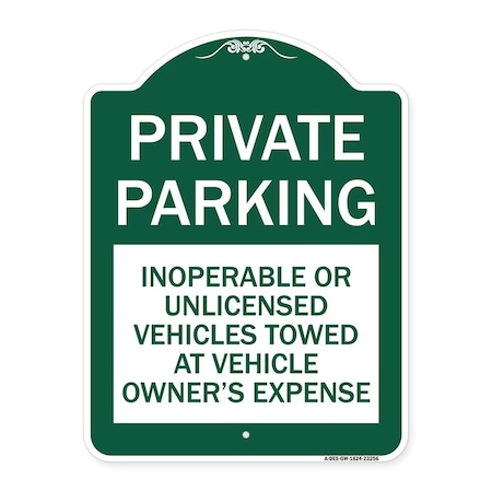 Signmission Private Parking Inoperable or Unlicensed Vehicles Towed at Vehicle Owners Expense, GW-1824-23256 A-DES-GW-1824-23256